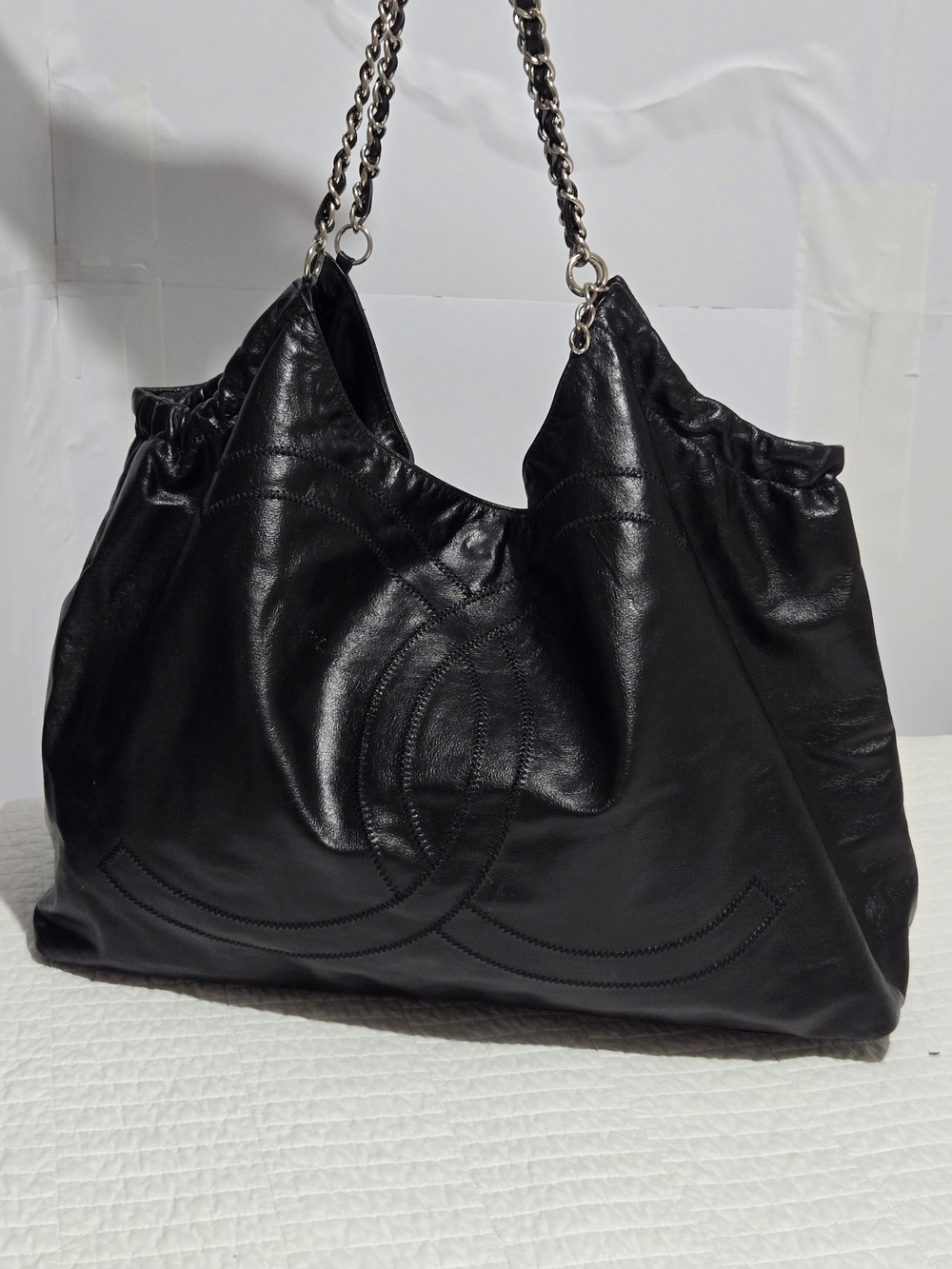 Black Leather Chain-Handle Shoulder Bag